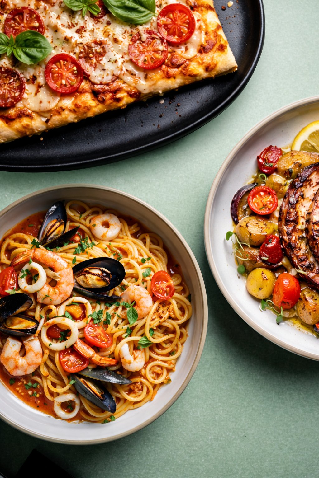 Seafood spaghetti, grilled fish and pinsa from the Tramonto kitchen